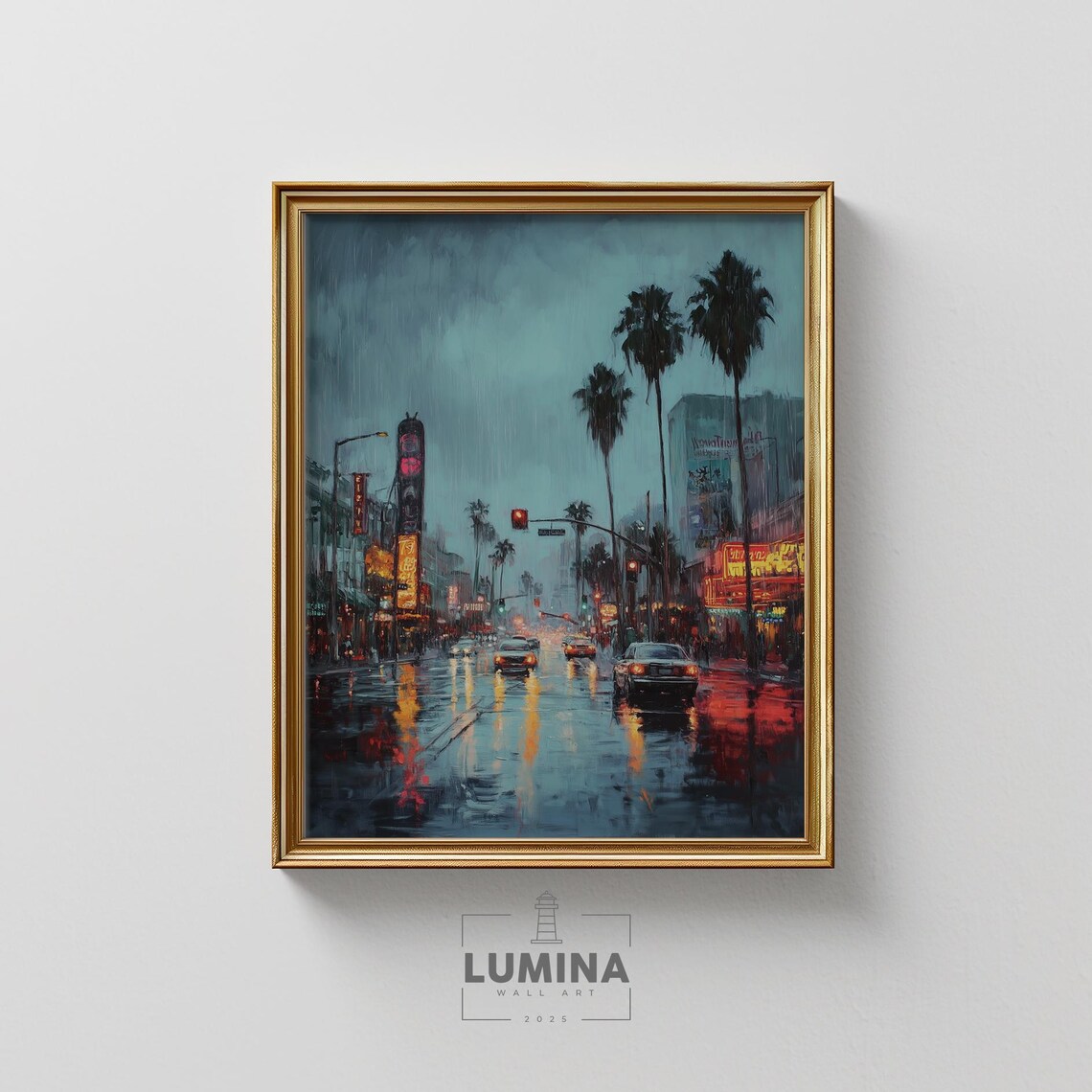 Los Angeles Rainy Night Neon Street Palm Trees Moody City Wall Art
