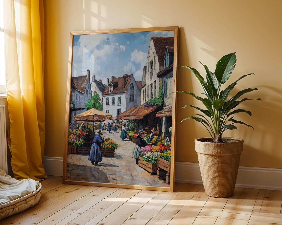 European Flower Market Square Spring Village Street Painting Poster