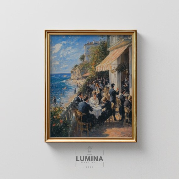 Bustling Beach Cafe Terrace Impressionist Summer Coastal Poster