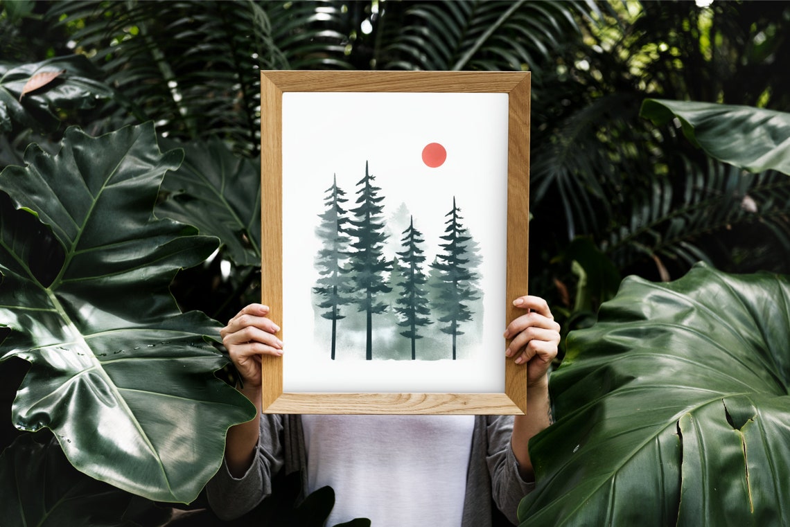 Watercolor Pine Trees Red Sun Evergreen Forest Minimalist Art Poster - Image 5