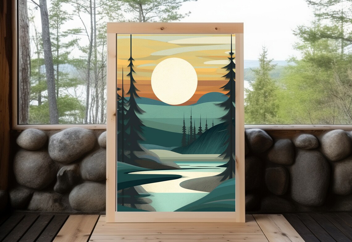 Vintage River Print, Rustic Cabin Nature Art - Image 5