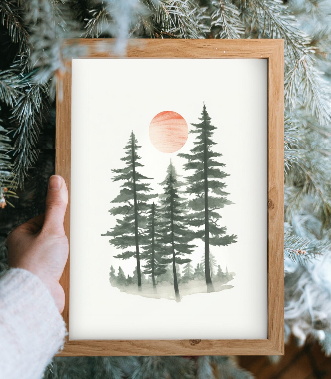 Minimalist Watercolor Pine Forest Red Sun Scandinavian Art Poster - Image 5