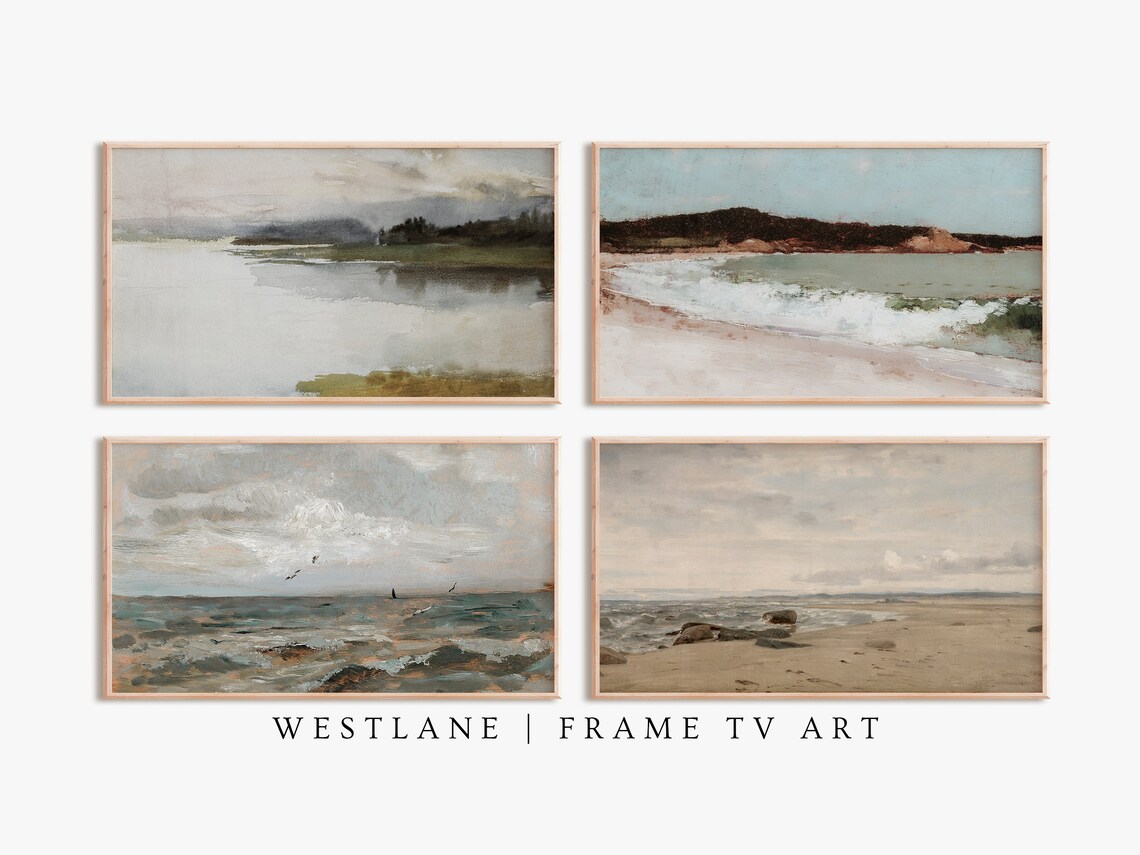 Vintage Coastal Paintings Set Of 4 Muted Seascape Art Prints