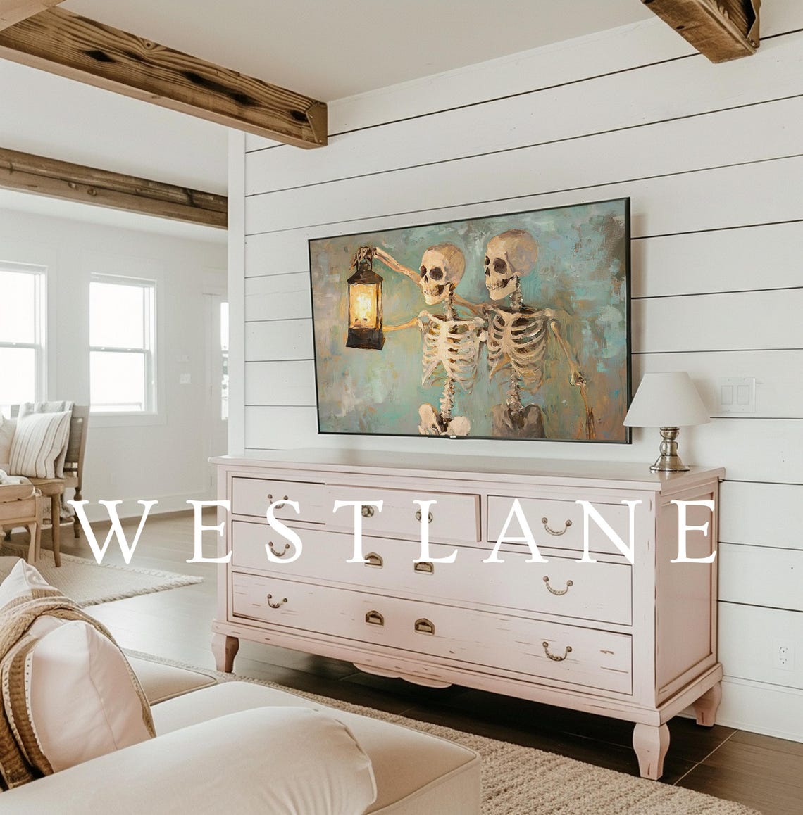 Skeletons Holding Glowing Lantern Teal Misty Halloween Wall Art - Image 2