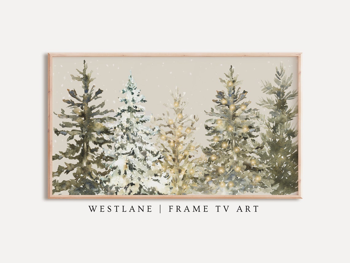 Neutral Watercolor Winter Forest Pine Trees With Golden Light Wall Art