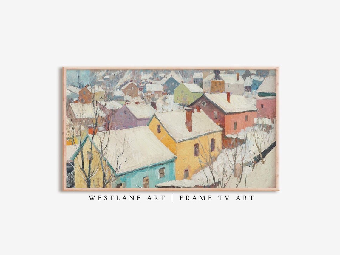 Colorful Winter Village Rooftops Painting Snowy Town Scene Art Print