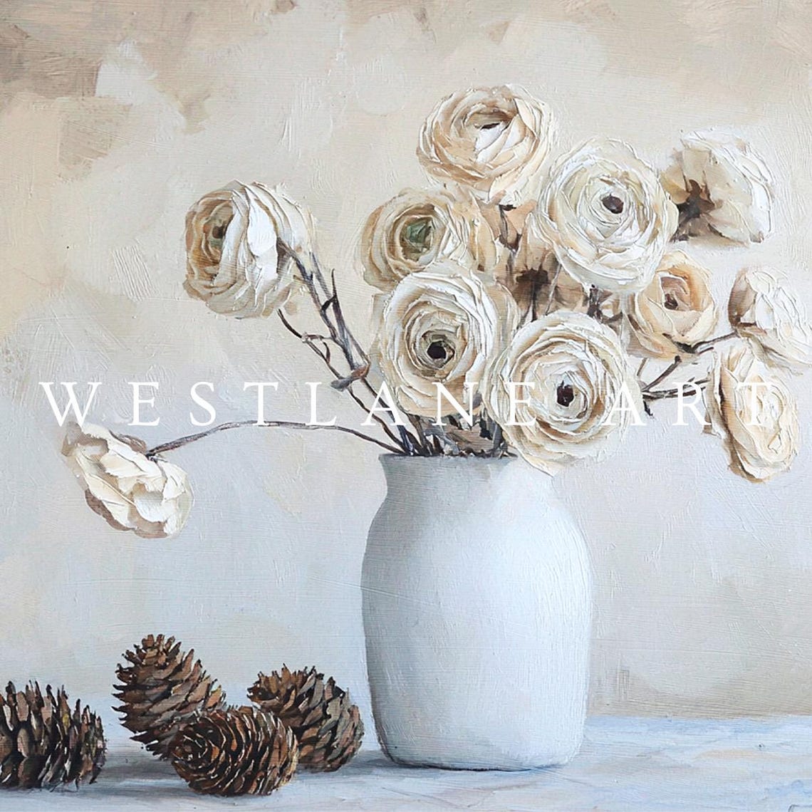 Cream Ranunculus Dried Flowers Vase Pinecones Rustic Still Life Poster - Image 3