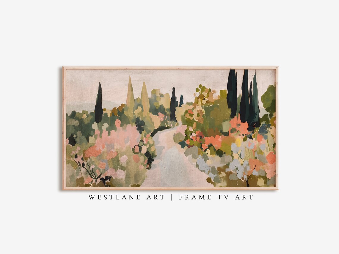 Summer Garden Path Painting Pink Flower Beds Cypress Trees Art Print