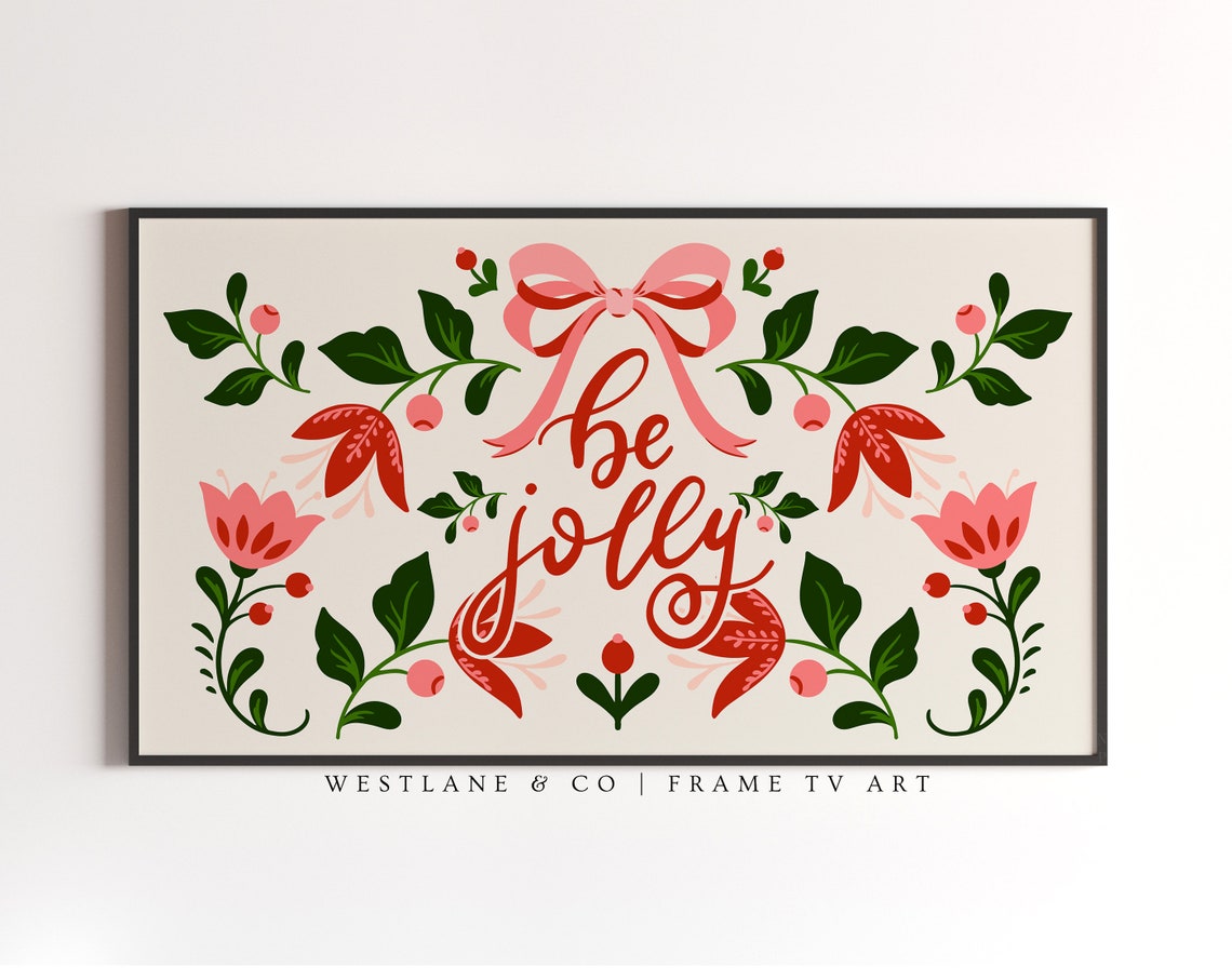 Be Jolly Script Pink Bow Floral Wreath Scandinavian Christmas Wall Art - Image 2