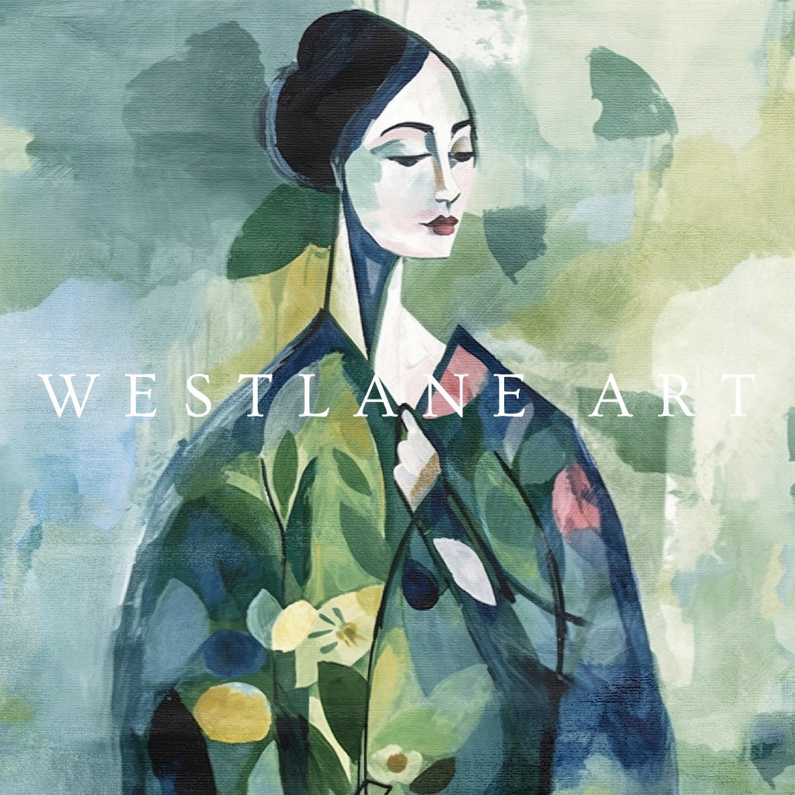 Modern Green Portrait Woman Abstract Floral Painting Art Poster - Image 2
