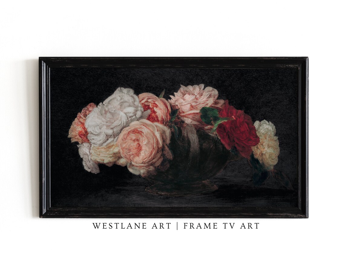 Vintage Moody Dark Roses Still Life Oil Painting Floral Poster - Image 2