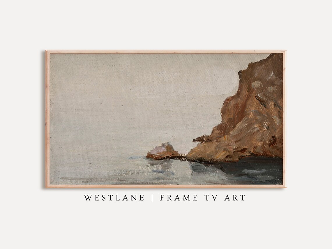 Neutral Coastal Cliff Oil Painting Rocky Shore Hazy Sea Minimalist Wall Art Poster
