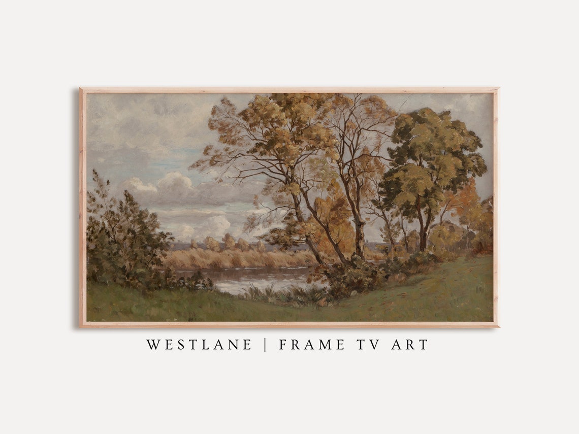 Autumn Landscape Painting Golden Trees Riverside Vintage Art Poster