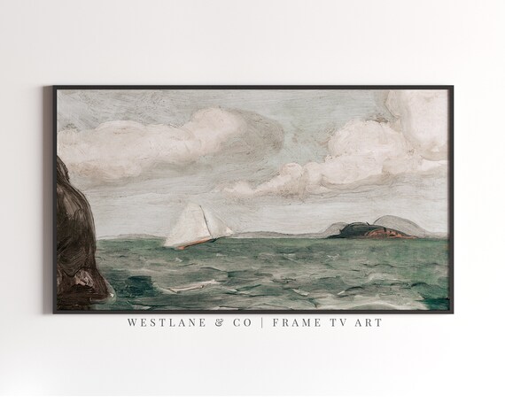 Vintage Seascape Painting Sailboat Rocky Cliffs Green Sea Clouds Wall Art Poster
