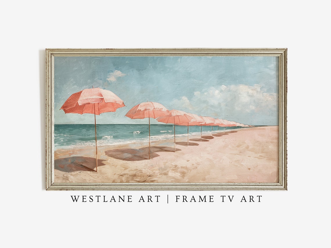 Pink Beach Umbrellas Row Vintage Coastal Ocean Shore Scene Poster - Image 3