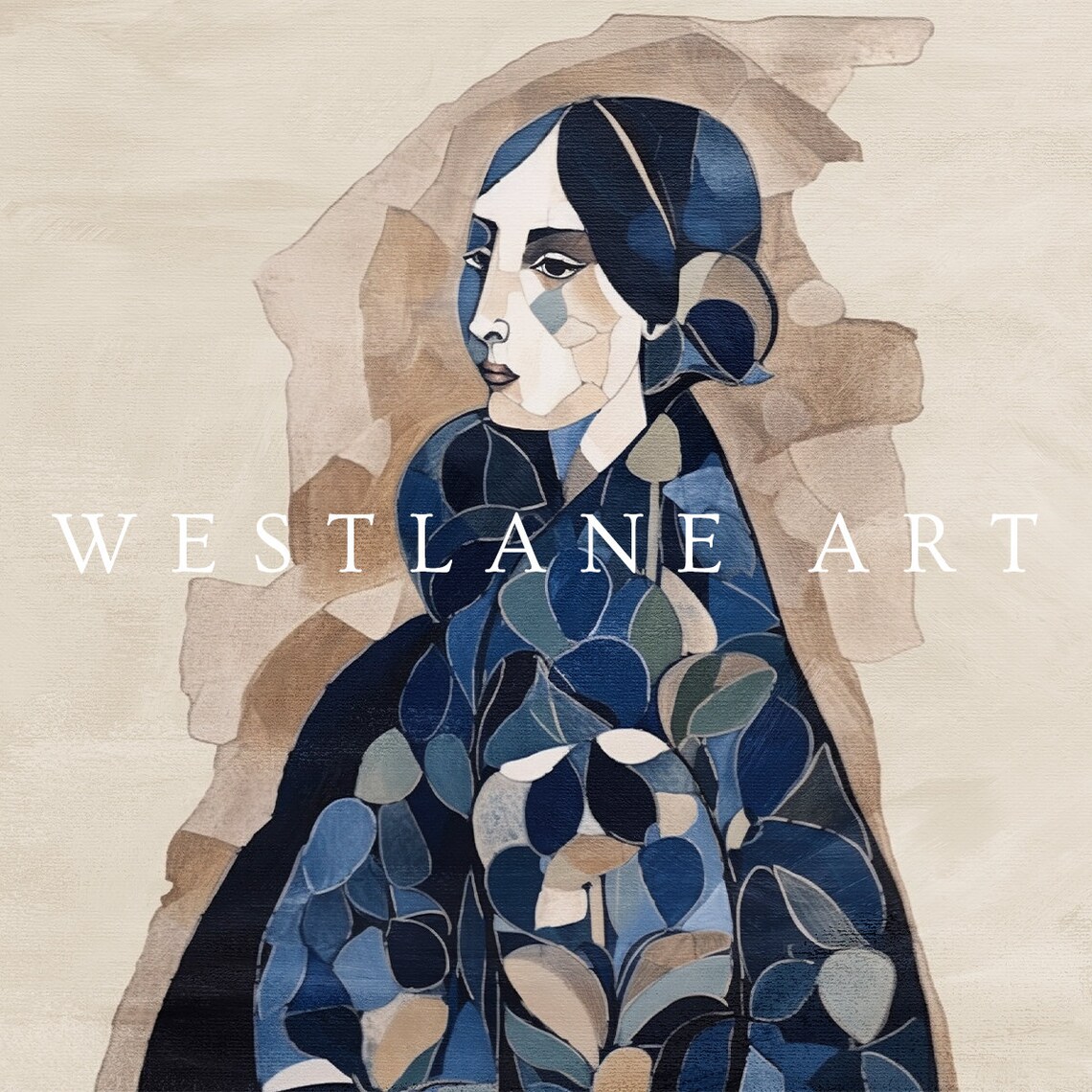 Navy Blue Abstract Woman Portrait Modern Cubist Painting Wall Art - Image 3