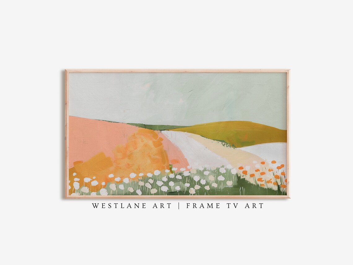 Modern Country Meadow Painting Peach Hills White Wildflowers Art Print