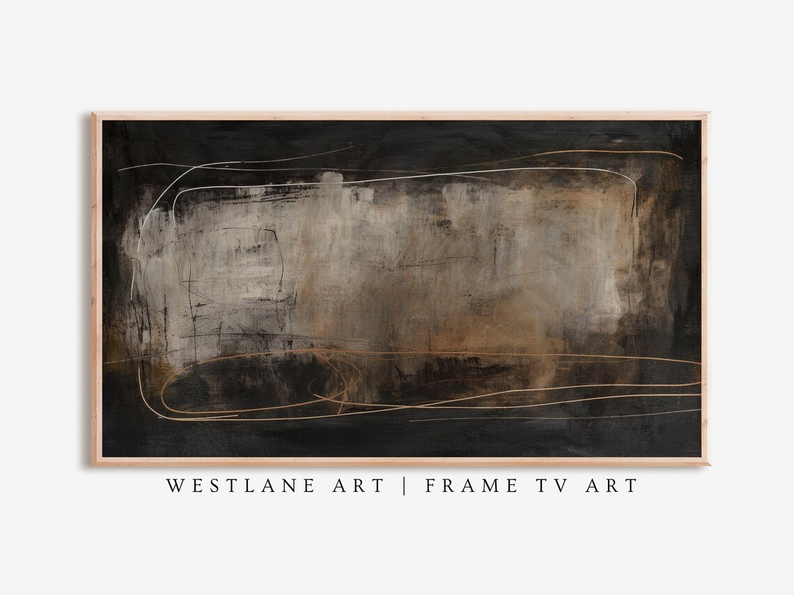 Dark Industrial Abstract Painting Black Brown Textured Line Art Print