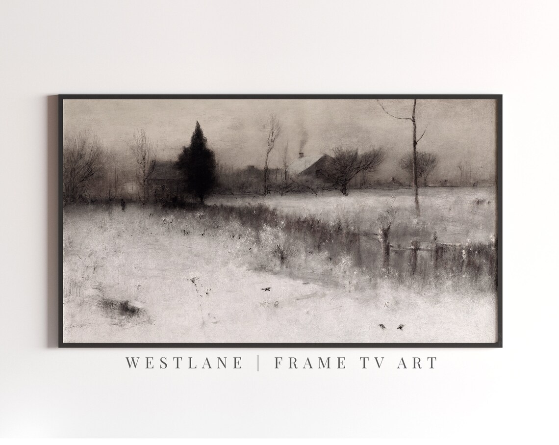 Moody Winter Farmhouse Snowy Landscape Vintage Christmas Wall Art