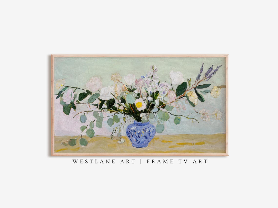 Botanical Wildflowers Blue Vase Painting Eucalyptus Lavender Art Print