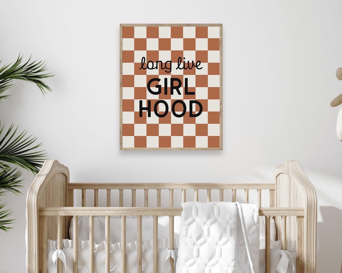 Long Live Girlhood Burnt Orange Checkerboard Retro Girls Room Wall Art - Image 4