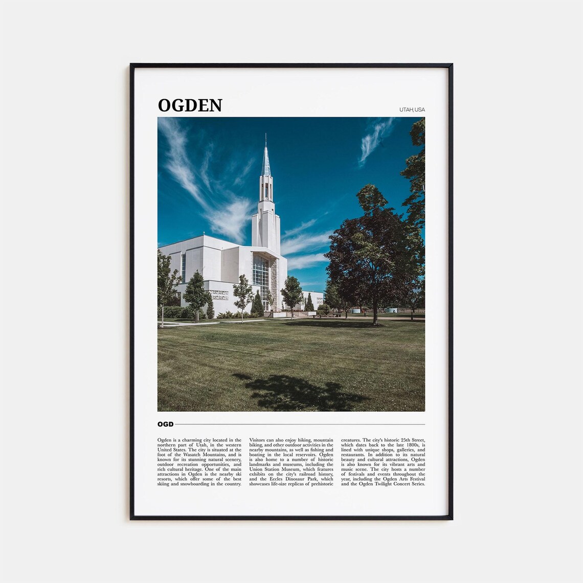 Ogden Utah USA White Spired Church Bright Blue Sky Travel Poster