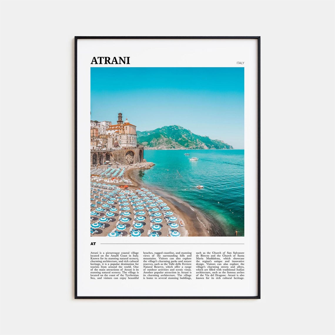 Atrani Italy Amalfi Coast Beach Umbrellas Cliff Village Travel Poster