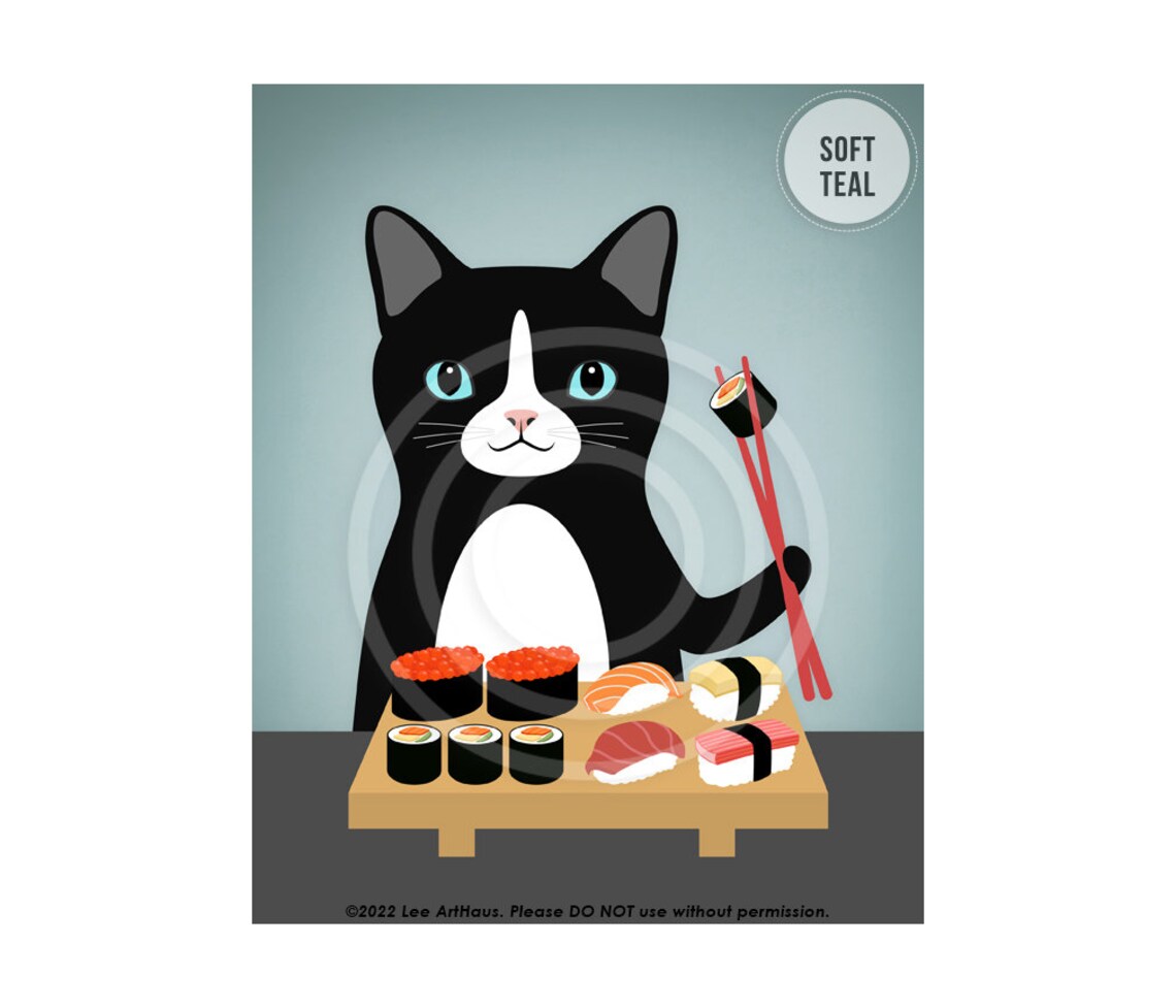 Black And White Cat Eating Sushi Platter Funny Cat Food Wall Art Poster - Image 4