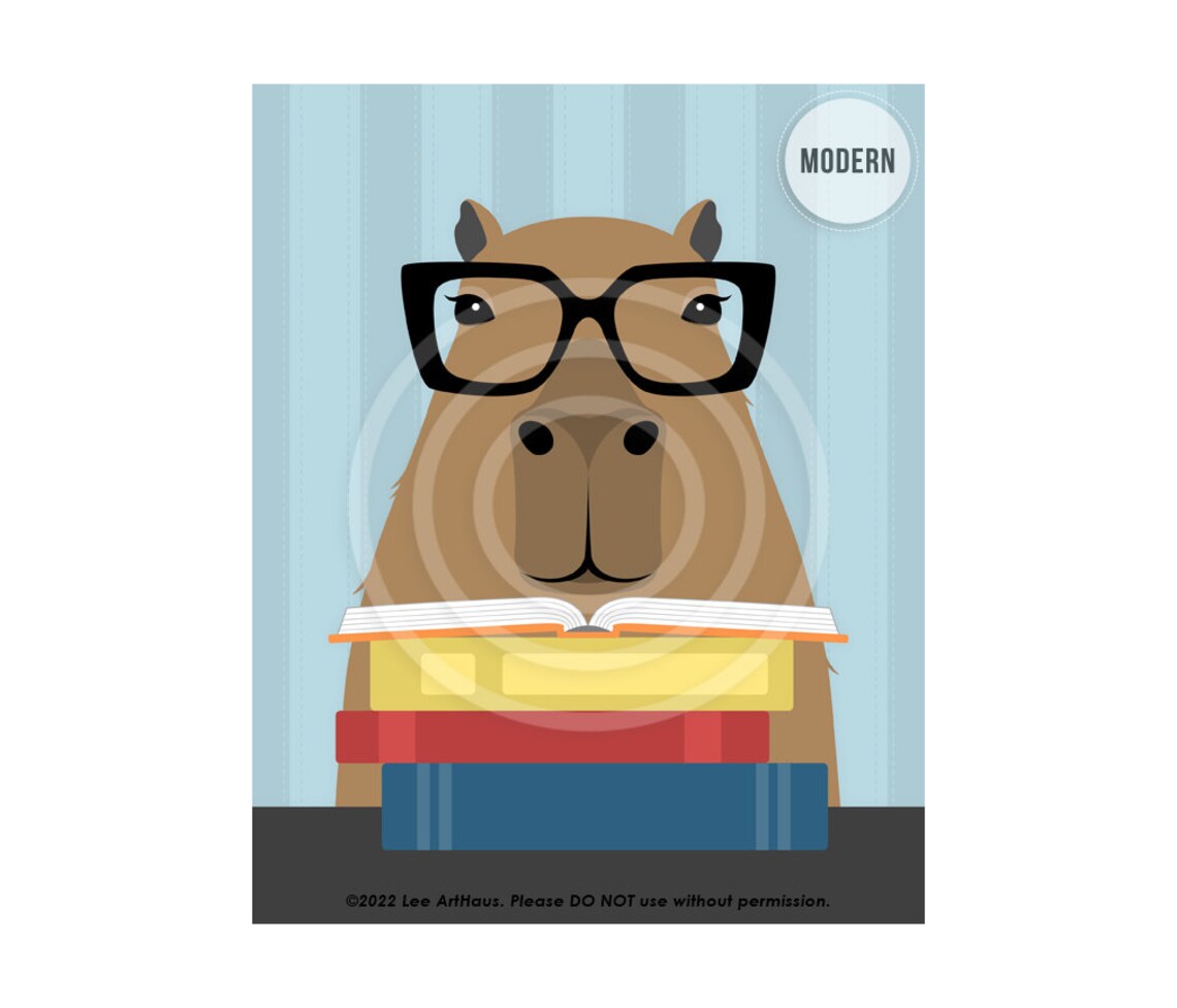 Capybara With Glasses Reading Stack Of Books Funny Animal Art Poster - Image 2