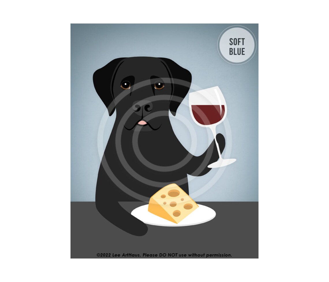 Black Labrador Drinking Wine And Eating Cheese Funny Dog Art Poster - Image 2