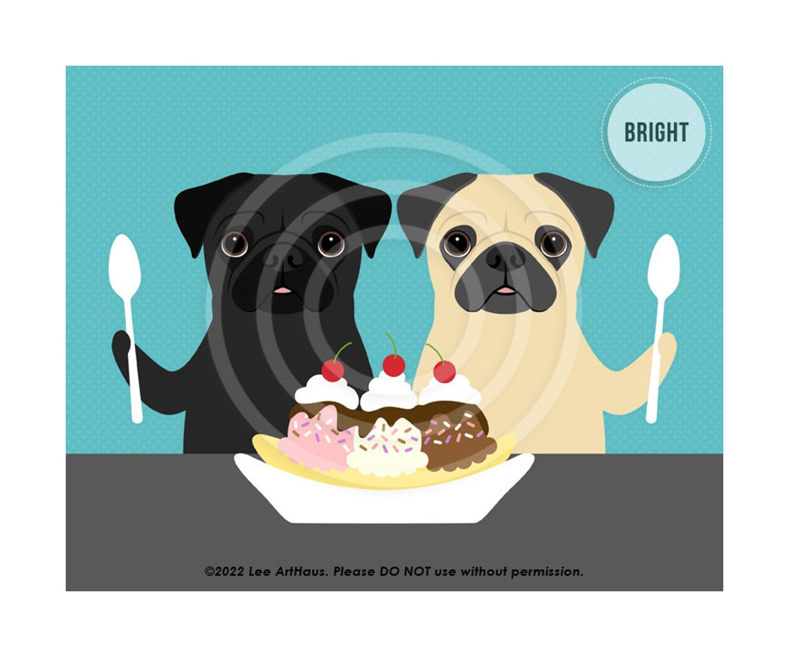 Pug Pair Sharing Banana Split Sundae Funny Dog Kitchen Wall Art Poster