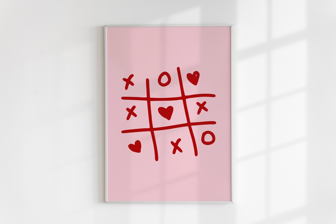 Tic Tac Toe Heart Valentine Red Minimalist Love Game Coquette Wall Art