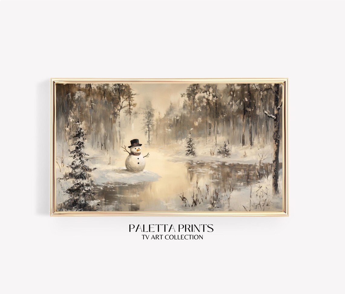 Vintage Snowman By Frozen Pond In Misty Winter Forest Art Wall Poster