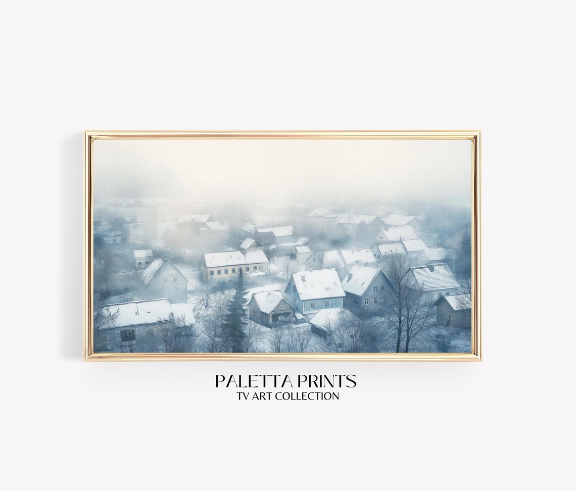 Snowy Village Morning Mist Aerial View Soft Blue Winter Scene Poster