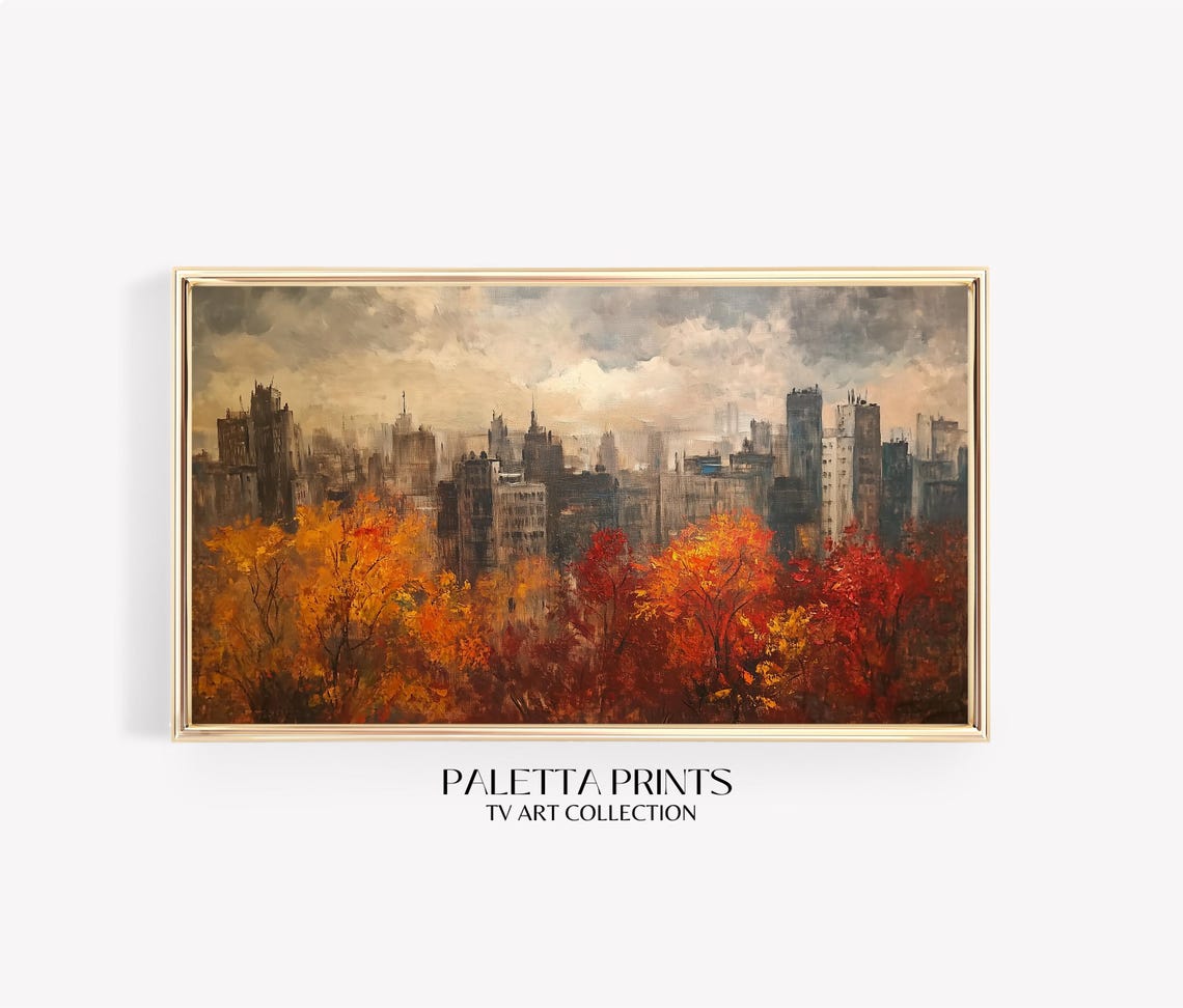 City Skyline Over Autumn Trees Cloudy Sky Vintage Travel Poster