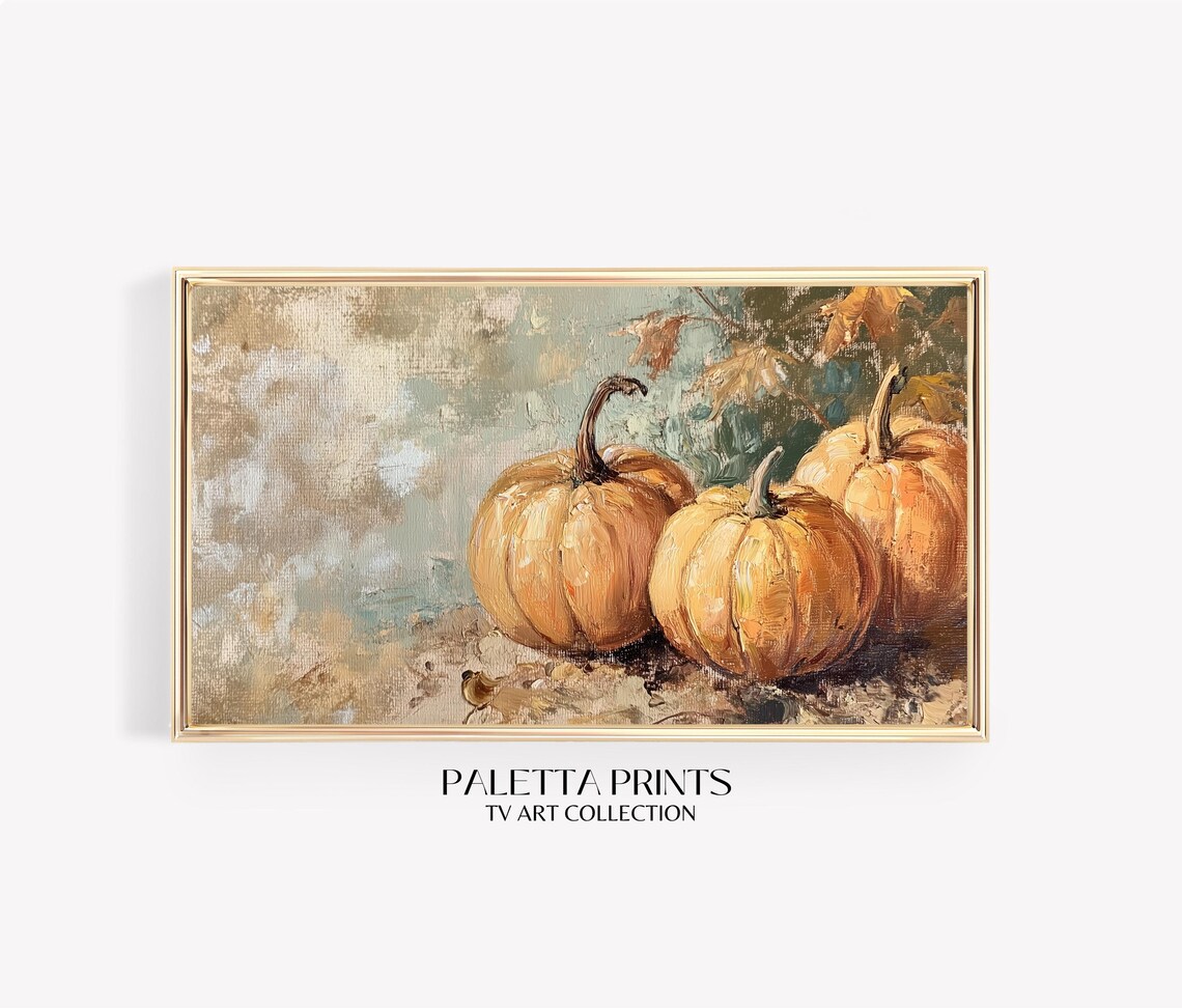 Pumpkin Still Life Three Orange Pumpkins Autumn Harvest Rustic Wall Art
