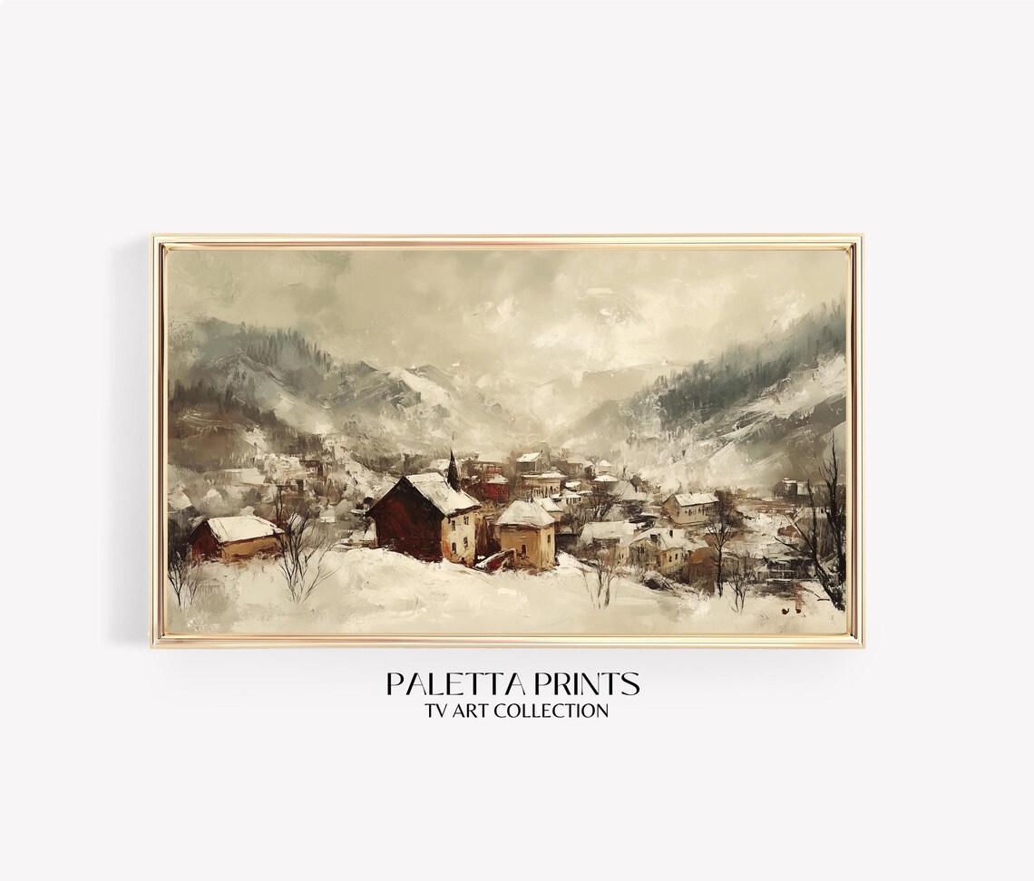 Snowy Alpine Mountain Village Winter Landscape Rustic Painting Poster