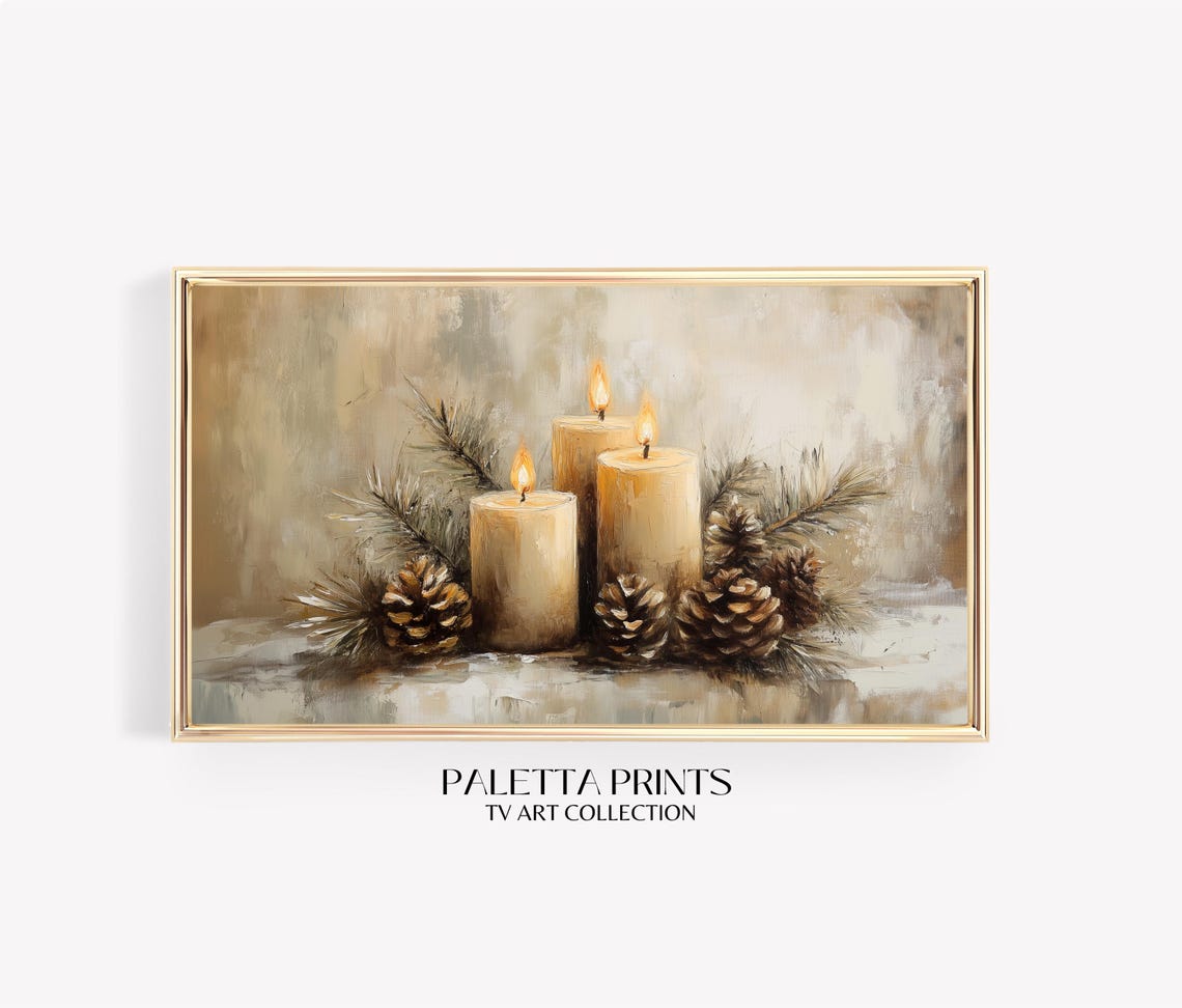 Warm Christmas Candlelight Pinecones Rustic Holiday Still Life Poster
