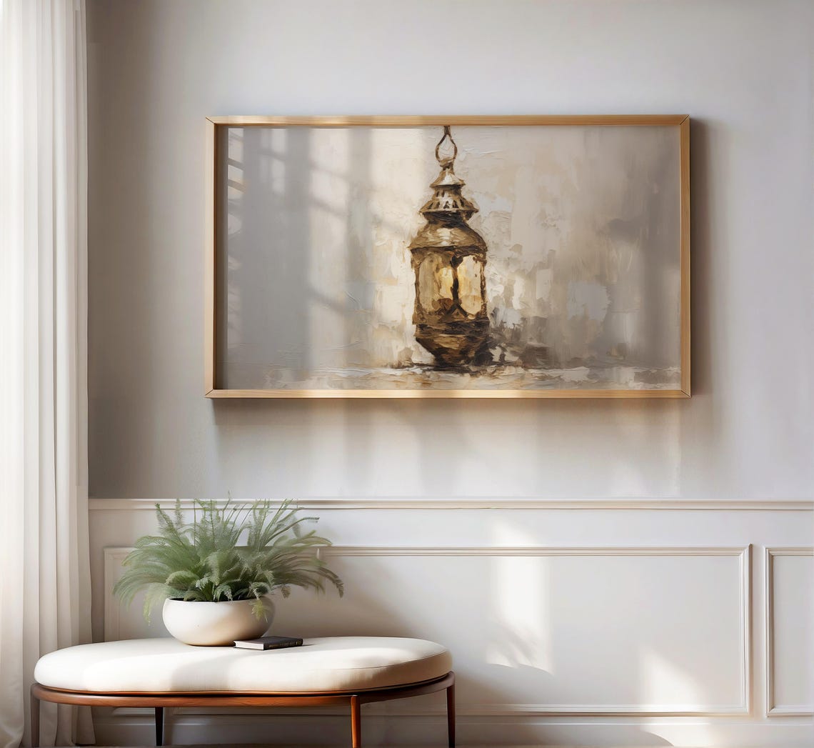 Islamic Lantern Art Ramadan Kareem Wall Art Gold And Beige Rustic Frame Tv Artwork Middle Eastern Home Decor Arabic Lamp Glow - Image 2