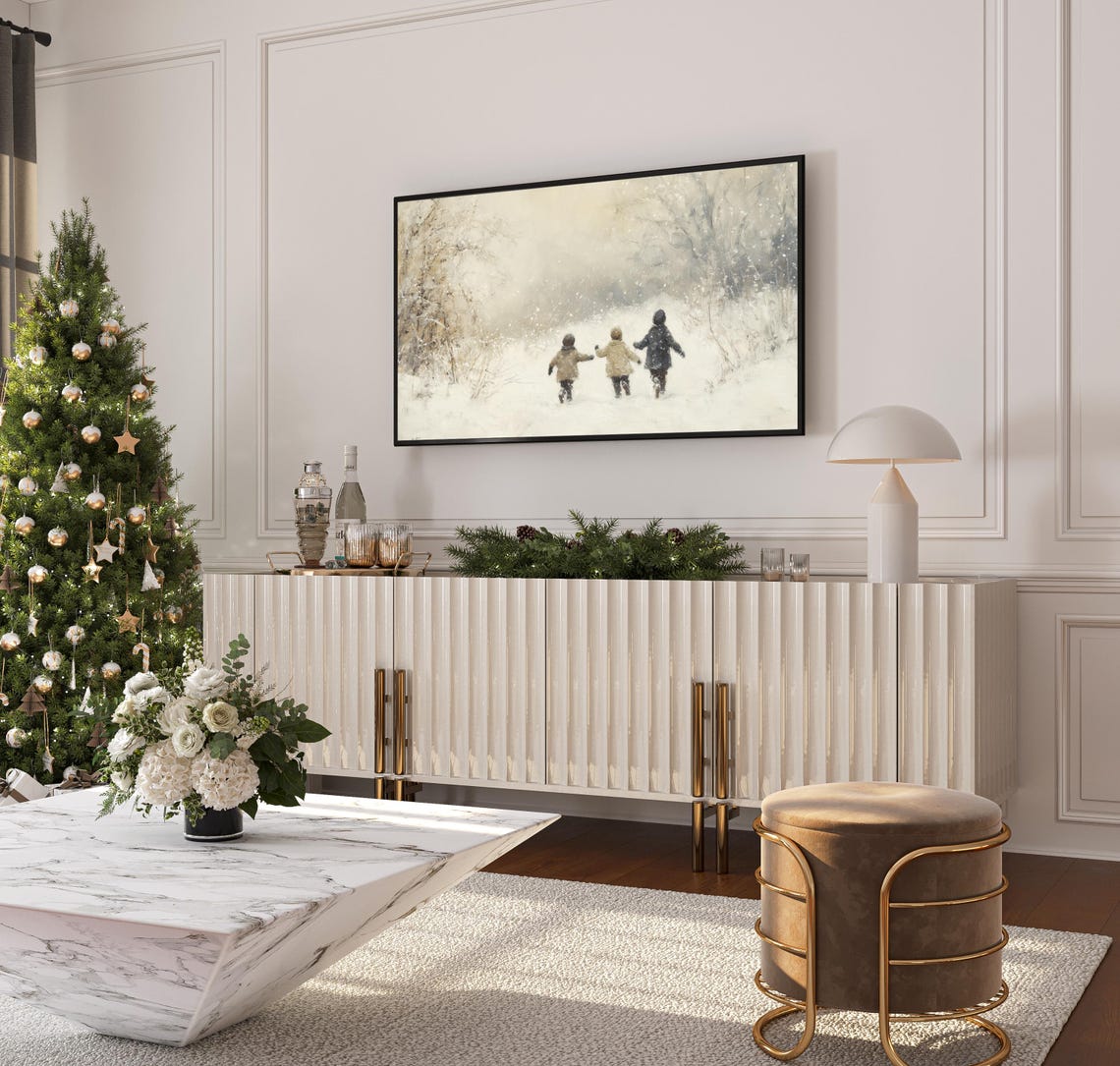Three Children Running Through Snow Muted Winter Scene Art Poster - Image 3