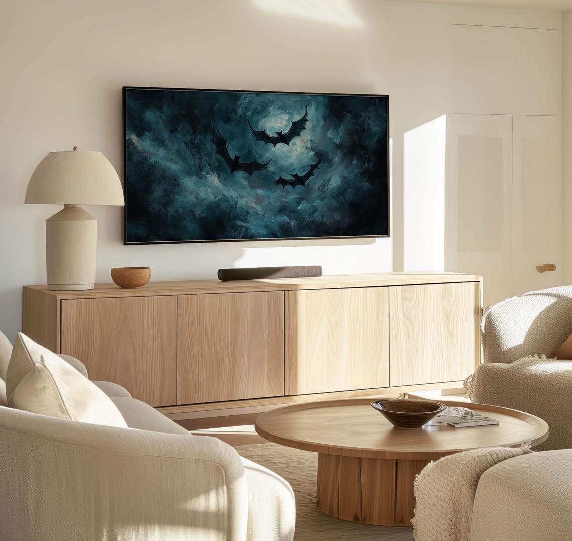 Bats In Moonlit Teal Storm Clouds Dark Halloween Night Sky Art Poster - Image 3