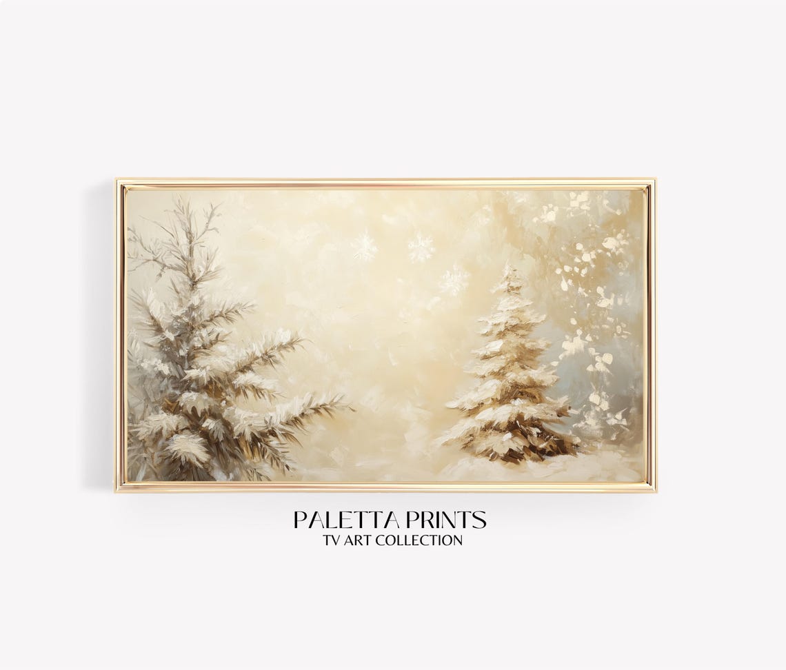 Minimalist Golden Snowy Pine Trees Winter Forest Scene Tv Art Poster