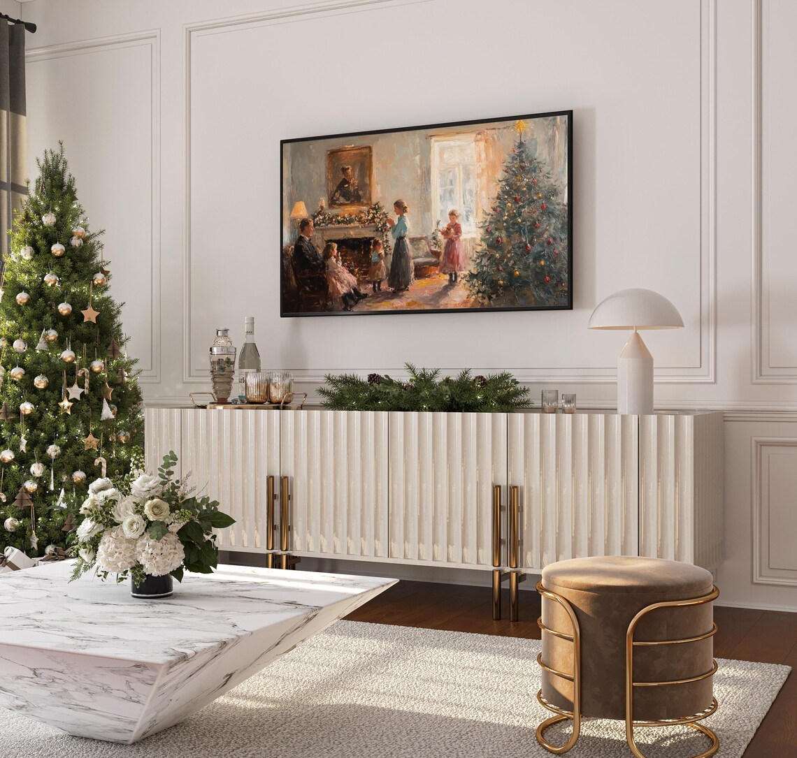 Victorian Family Christmas Tree Fireplace Cozy Holiday Painting Poster - Image 3