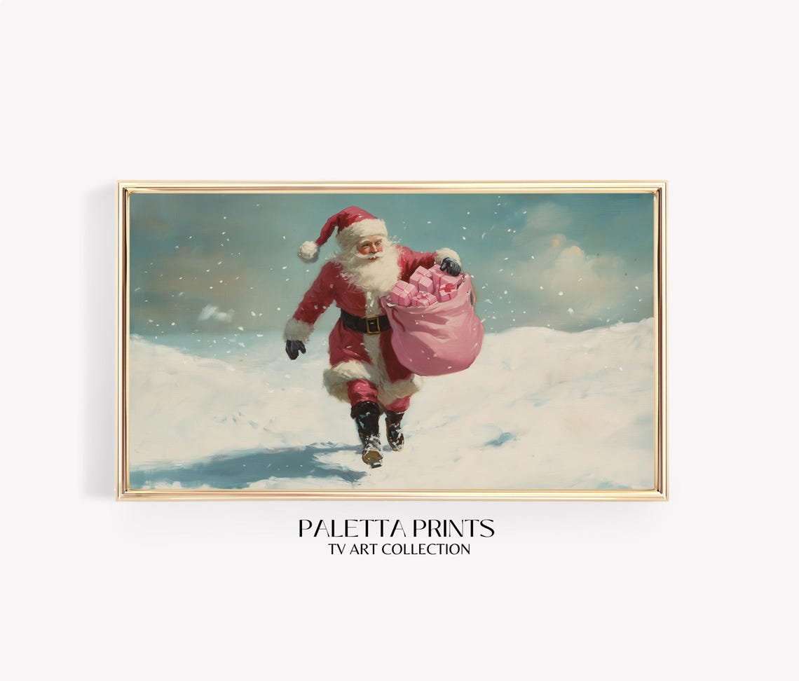 Santa Claus Pink Gift Sack Snowy Holiday Scene Festive Wall Art