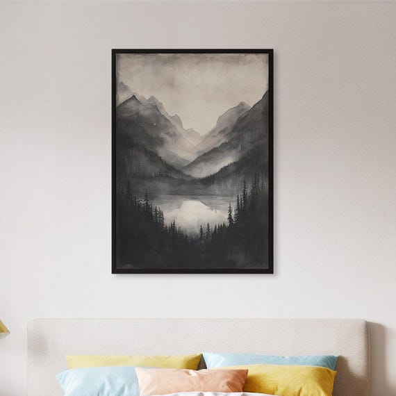 Framed Moody Mountain Wall Art Print Misty Black And White Landscape Poster Nature Cabin Decor Gift For Him Or Minimal Rustic Home Accent