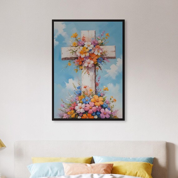 Floral Cross Spring Wildflowers Blue Sky Christian Faith Poster