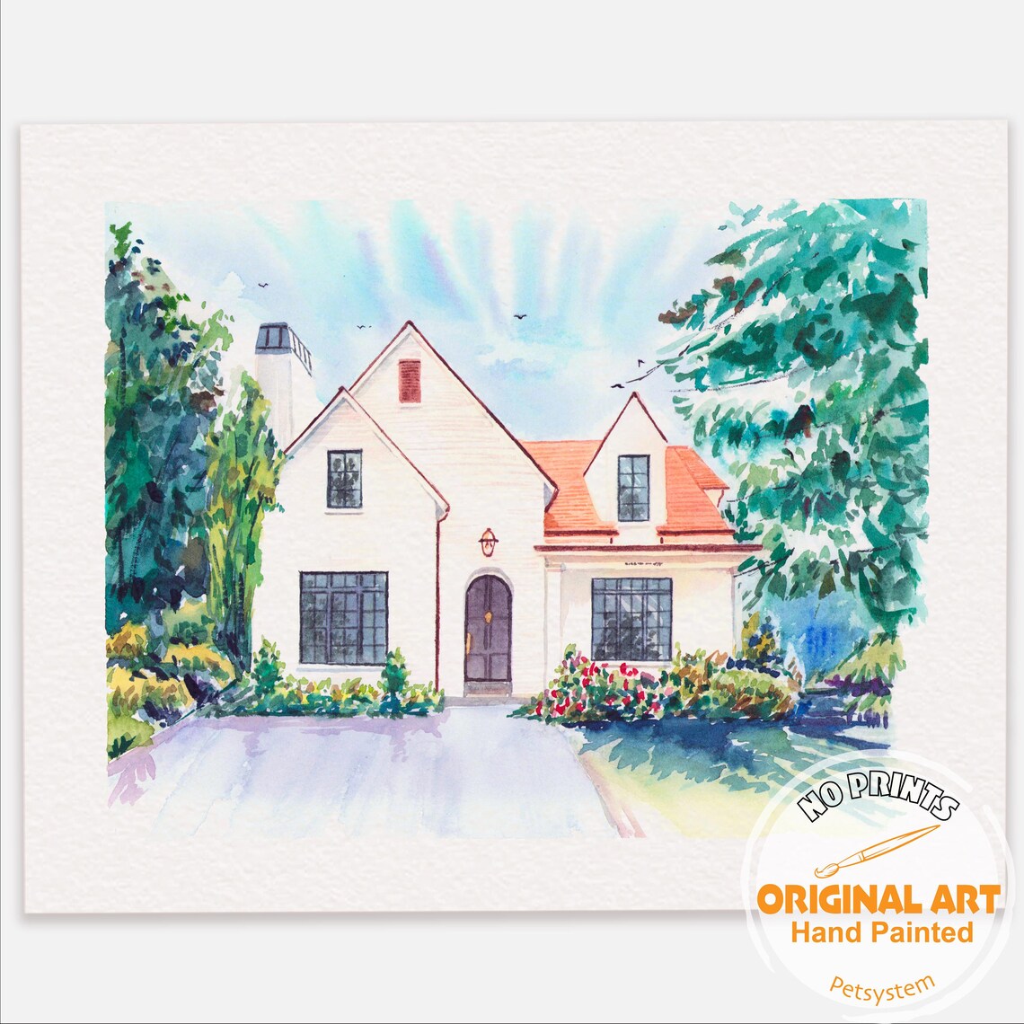 White House with Red Roof Watercolor Among Tall Green Trees Poster