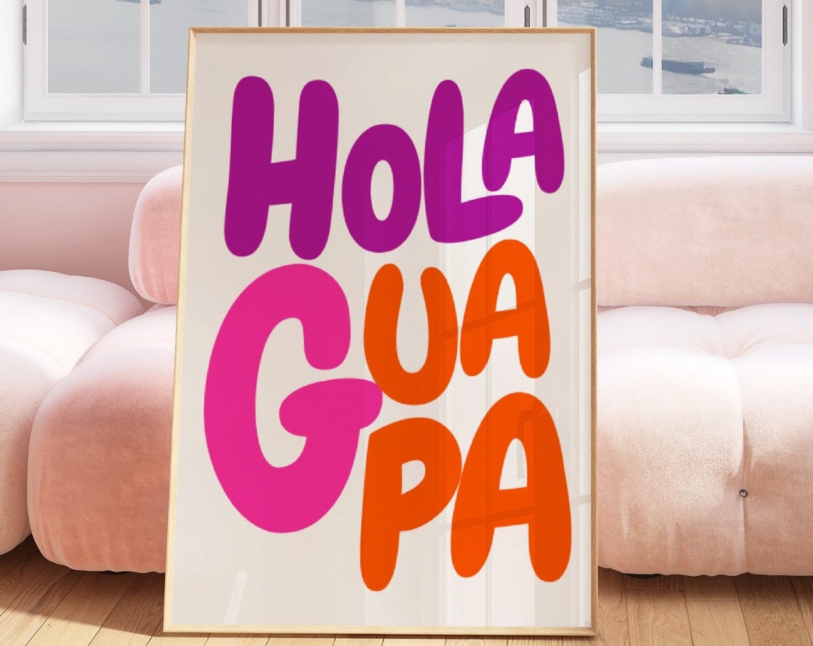 Hola Guapa Purple Pink Orange Retro Bubble Letter Quote Poster