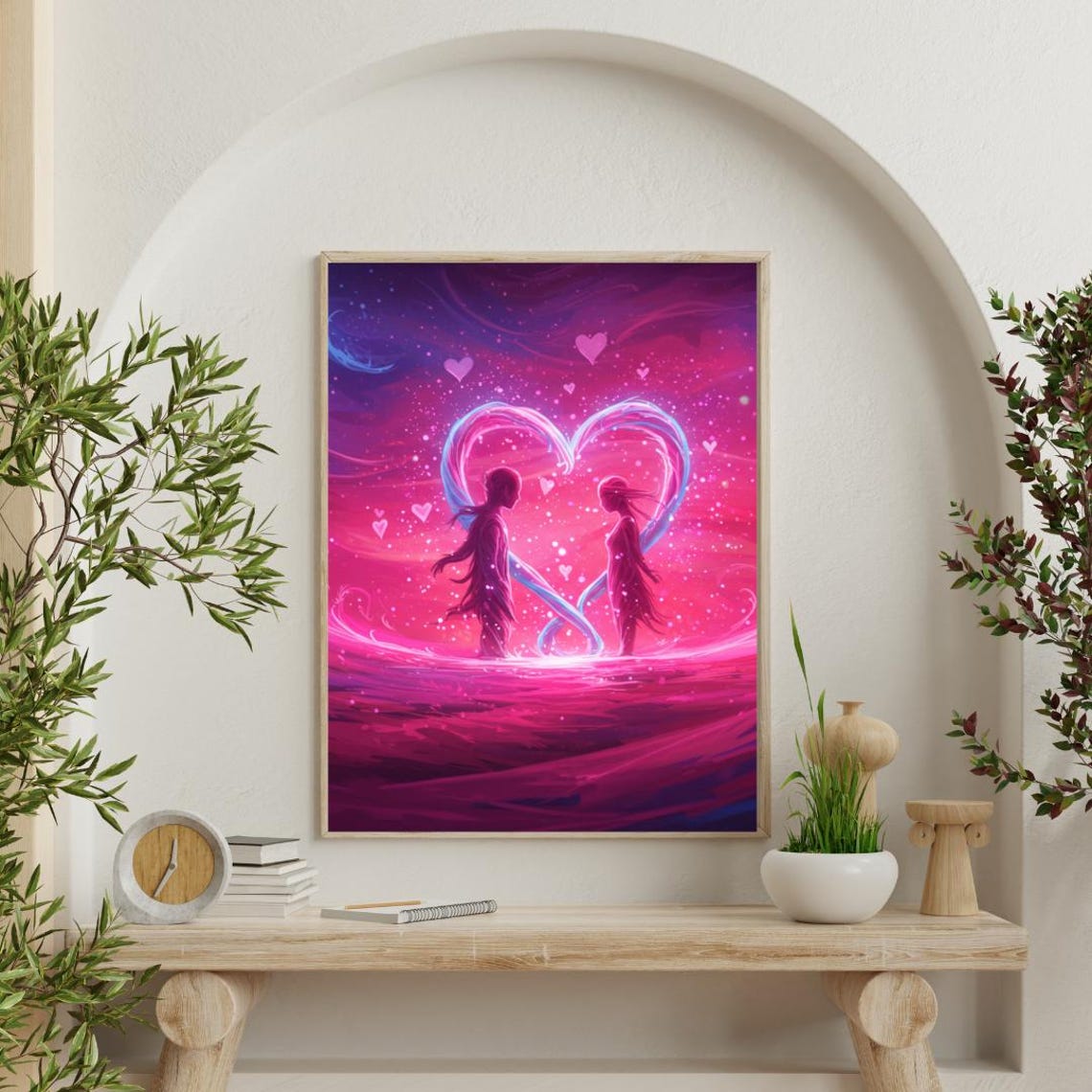 Romantic Anime Couple Heart Silhouette Neon Cosmic Love Art Poster