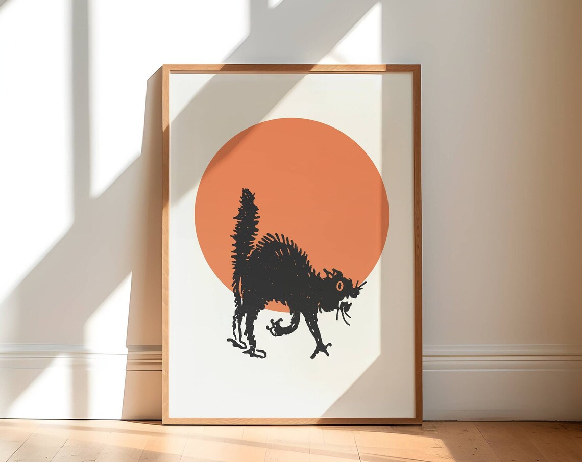 Black Cat Vintage Halloween Art Print, Dark Decor